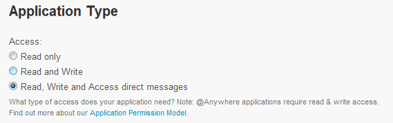 Twitter application type configuration