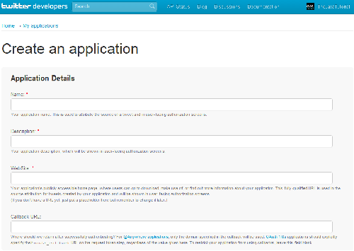 Twitter create application form